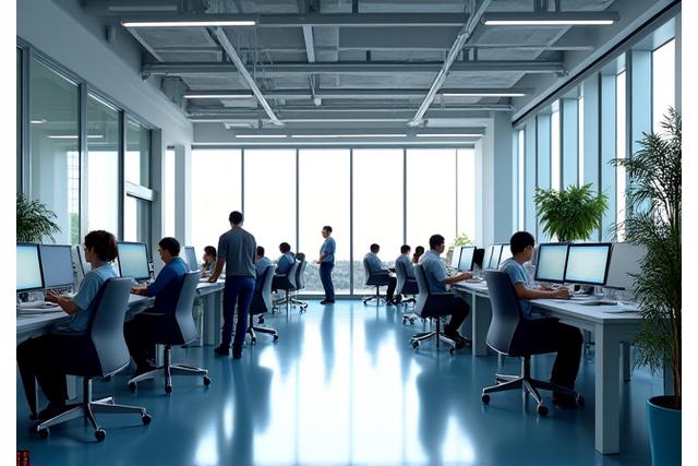 Interno di un moderno ufficio con persone che lavorano in uno spazio collaborativo, simbolo di innovazione e collaborazione di Fortunae SpA.