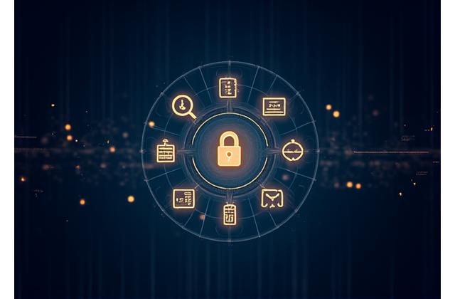 Icone stilizzate che rappresentano sicurezza, audit e compliance, con un'atmosfera digitale.